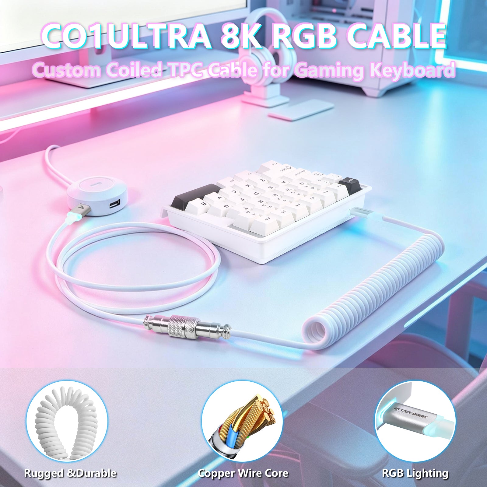 ATTACK SHARK M36 HE 片手用マグネティックスイッチキーボード＆C01 ULTRA LED アビエーターケーブル