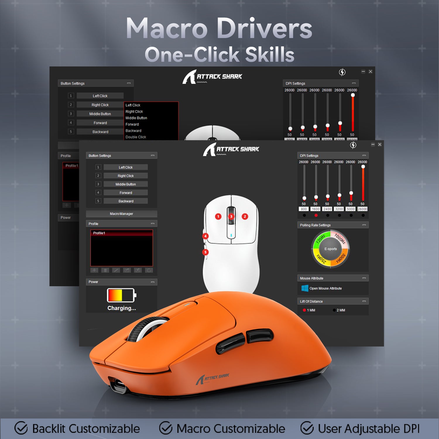 Attack Shark X3 gaming mouse showcasing macro driver interface with customizable settings.