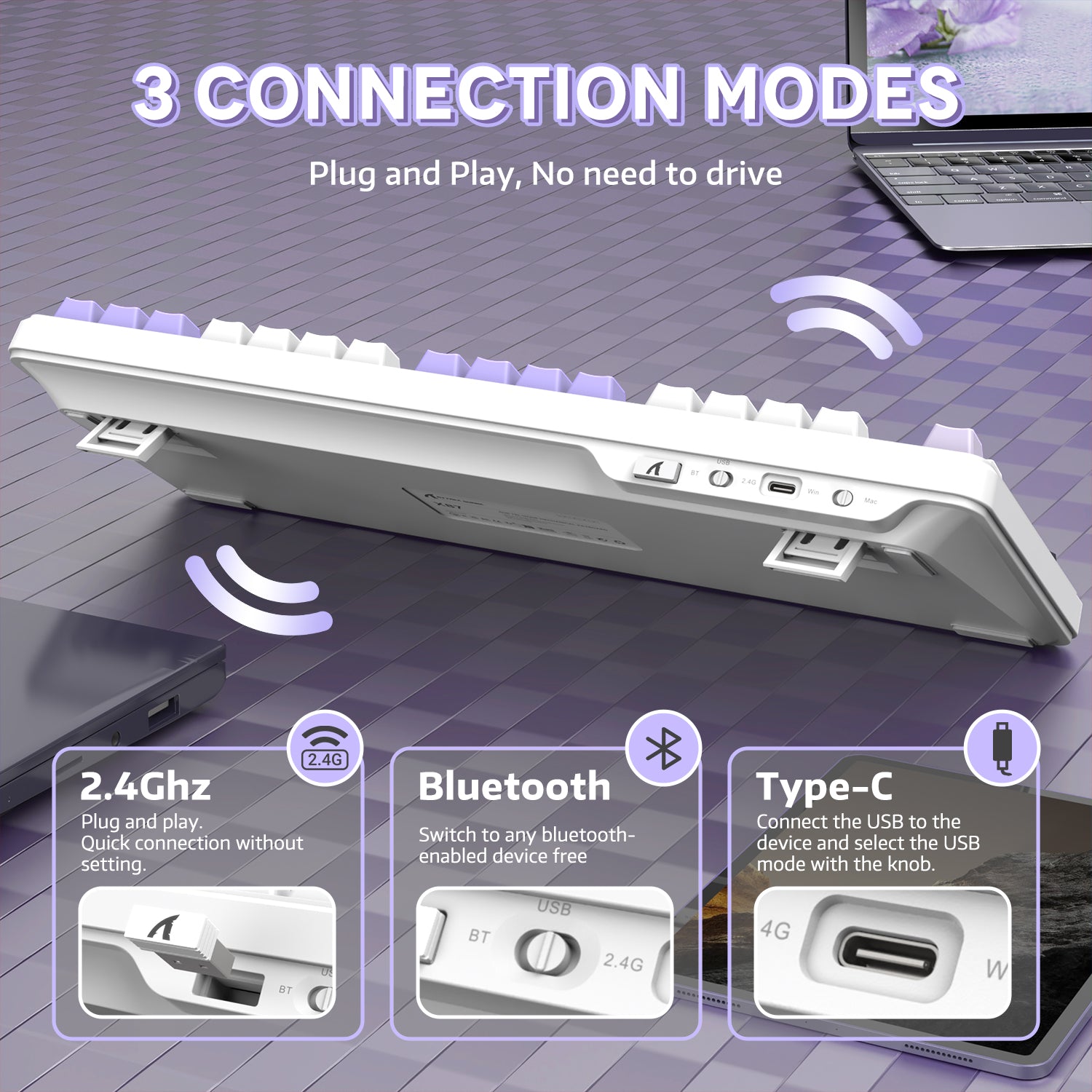 Back view of ATTACK SHARK X87 keyboard showing 2.4GHz, Bluetooth, and Type-C connection modes.