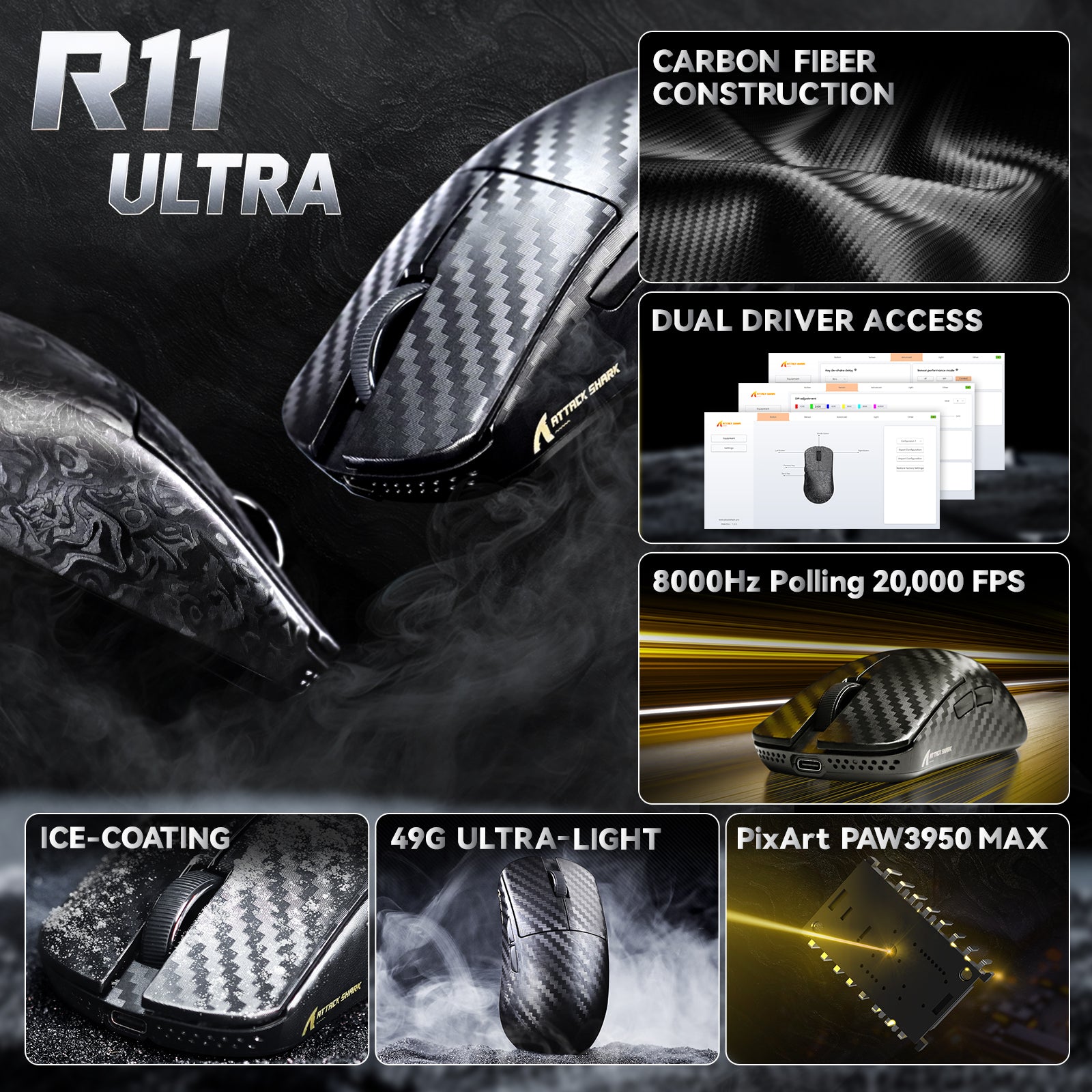 ATTACK SHARK R11 ULTRA カーボンファイバー ワイヤレス 8K PAW3950MAX ゲーミングマウス（C06 Ultra LEDケーブル付き）
