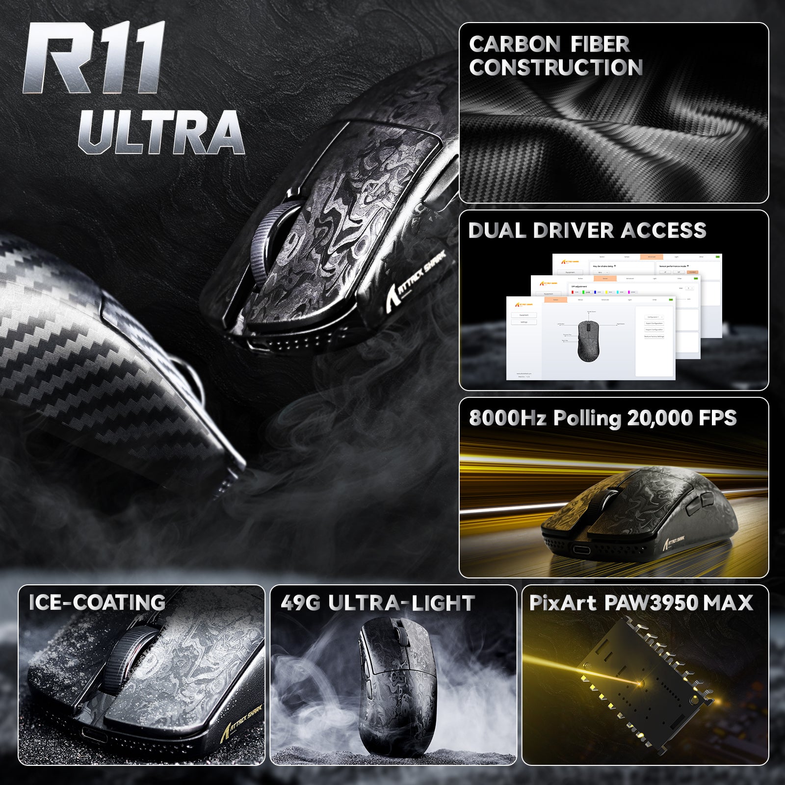 ATTACK SHARK R11 ULTRA カーボンファイバー ワイヤレス 8K PAW3950MAX ゲーミングマウス（C06 Ultra LEDケーブル付き）