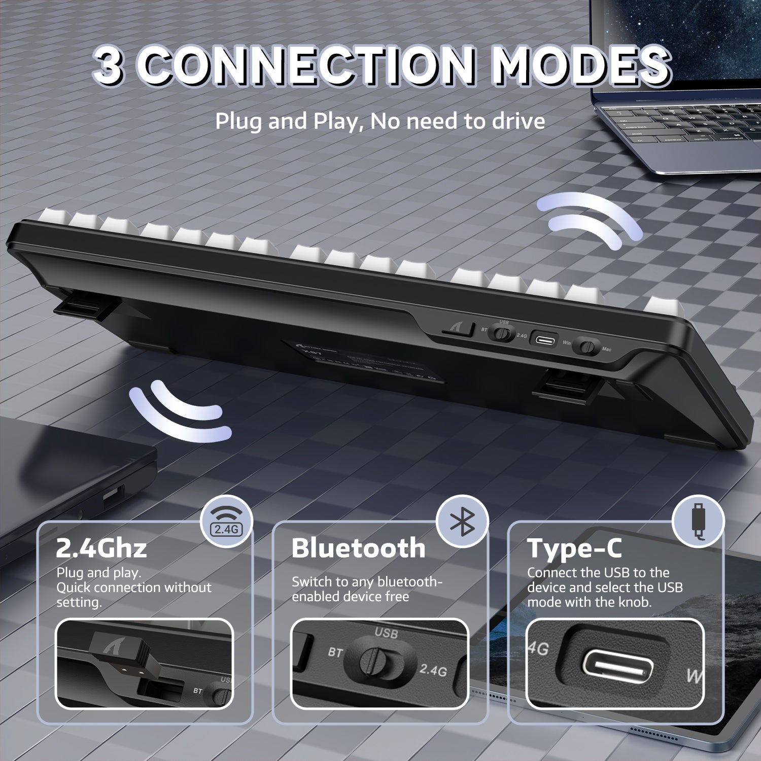 Back view of ATTACK SHARK X87 keyboard with Bluetooth, 2.4GHz, and Type-C connection modes.