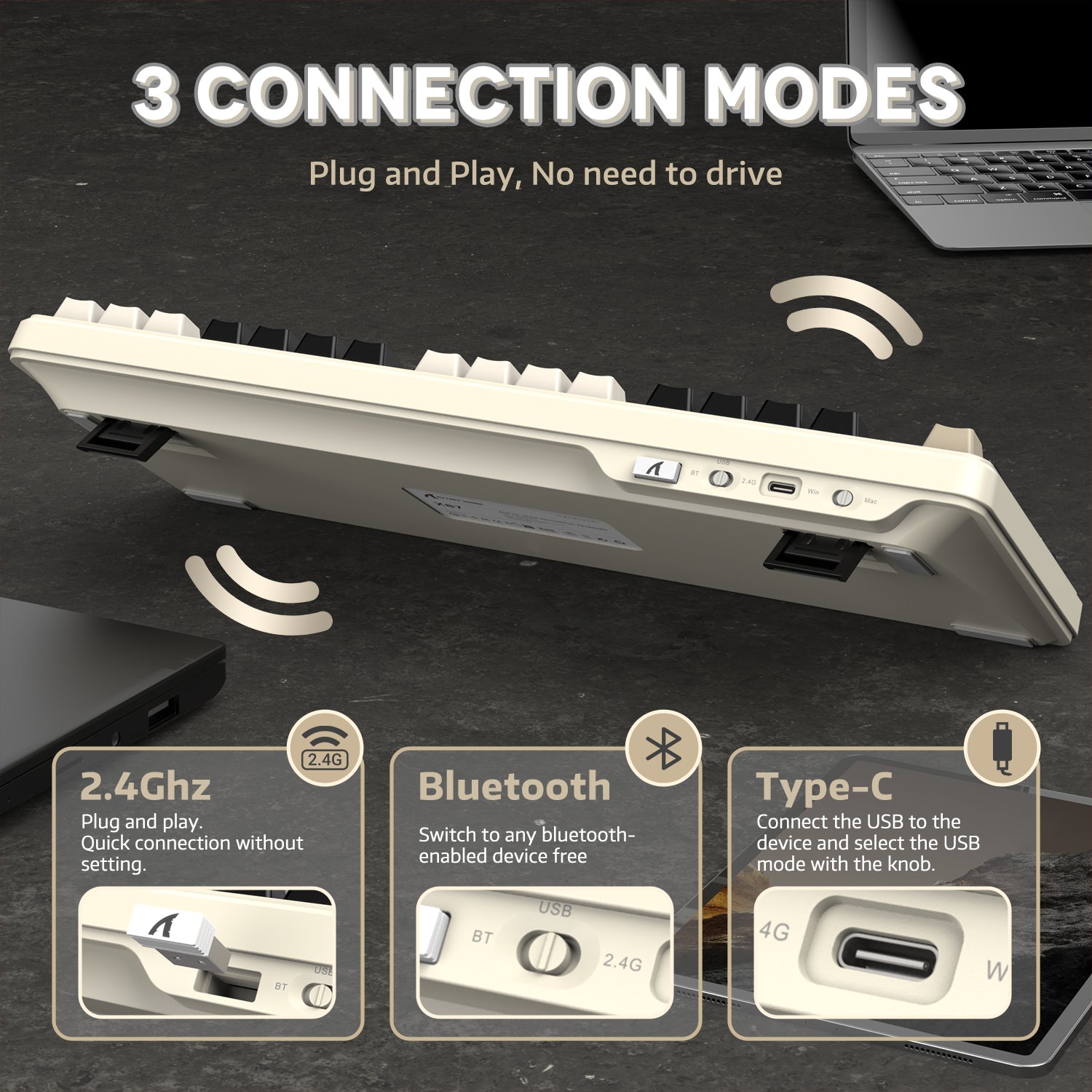 Back view of ATTACK SHARK X87 keyboard with connection modes: Bluetooth, 2.4GHz, Type-C