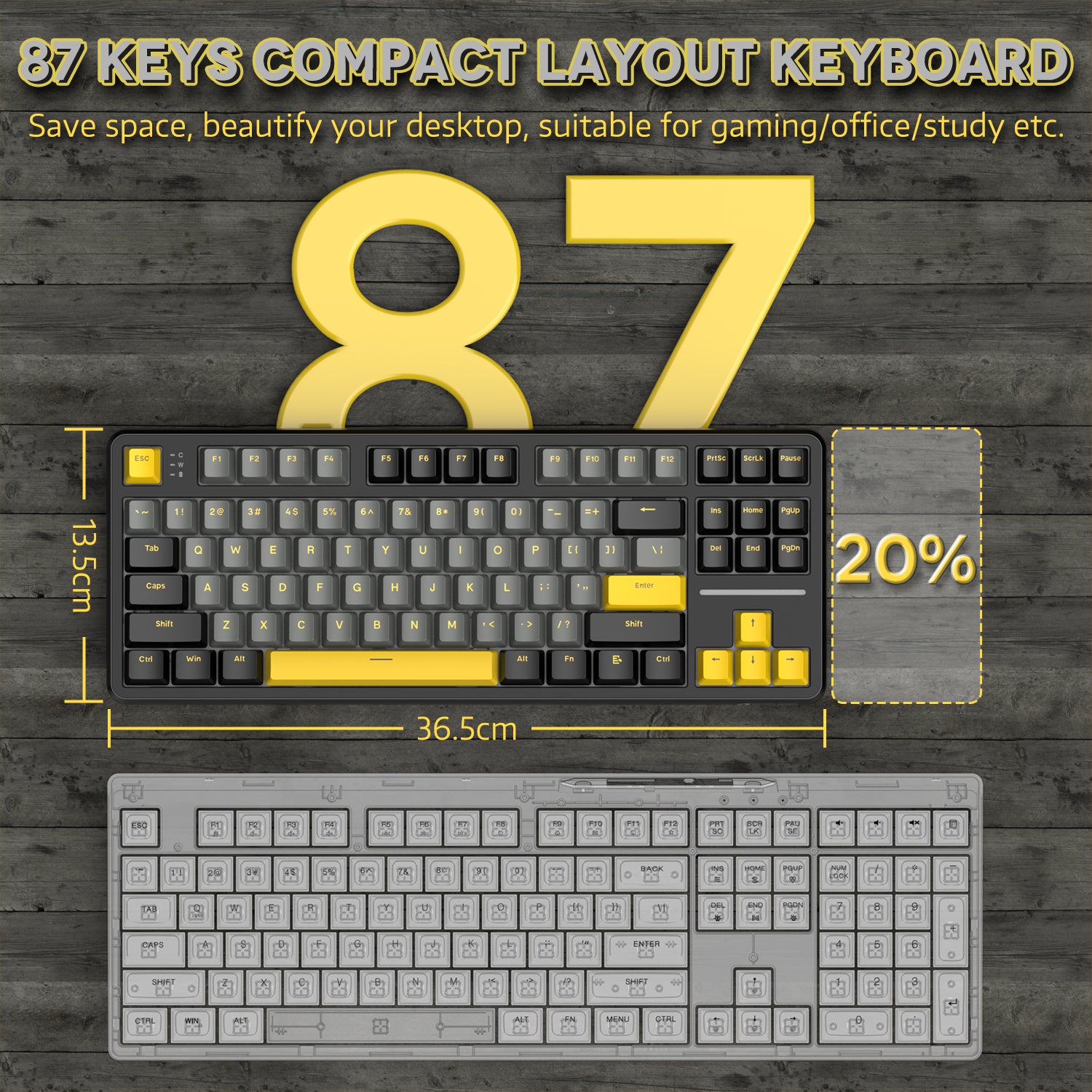 87 keys compact mechanical keyboard layout for gaming and office use with dimensions.