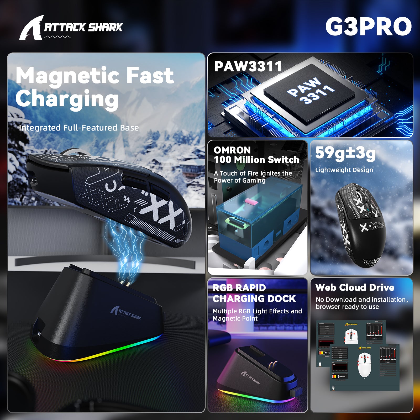 ATTACK SHARK G3PRO トライモードワイヤレスゲーミングマウス 充電ドック付き 25000 DPI 超軽量