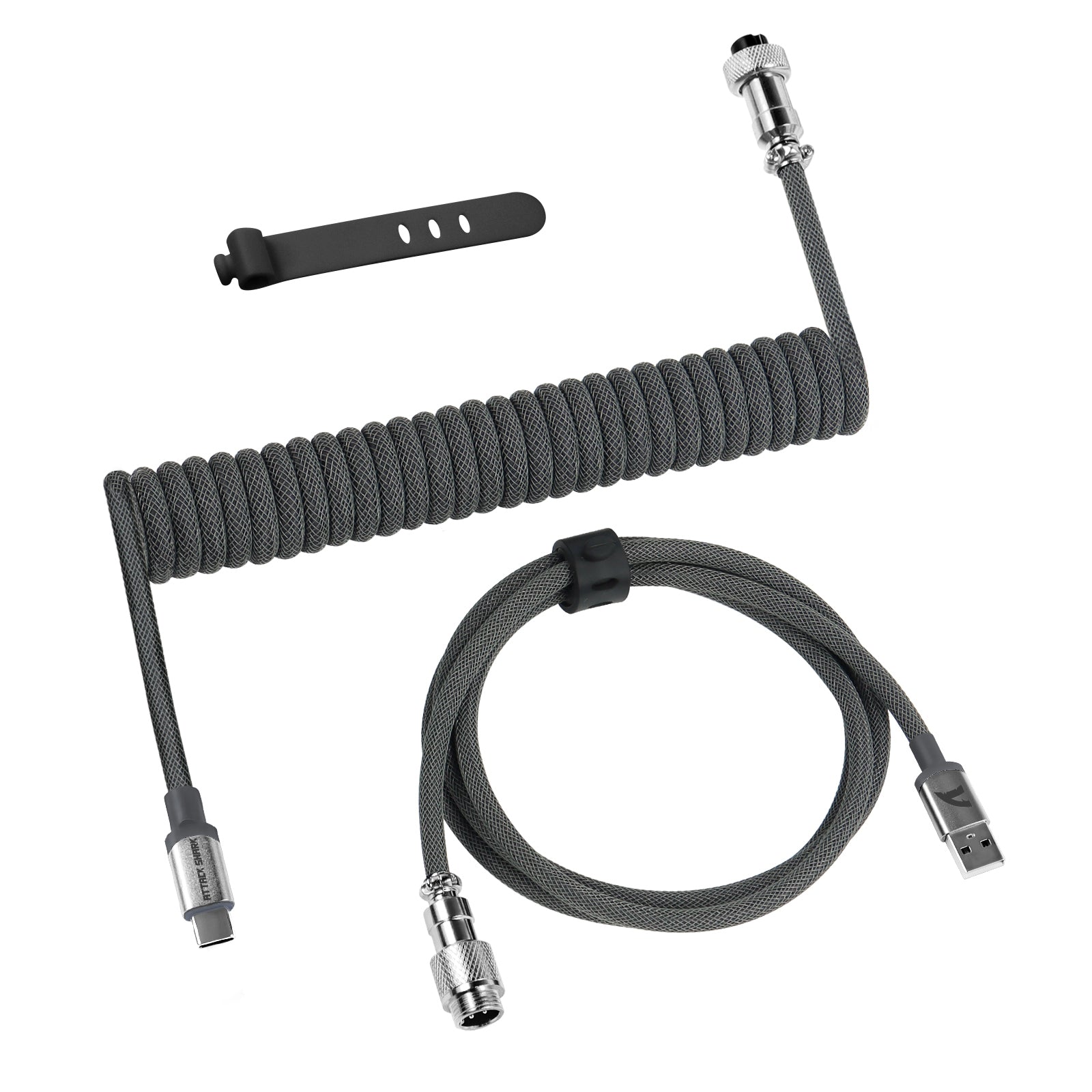 Custom coiled USB-C keyboard cable with metal connectors and a straight cable