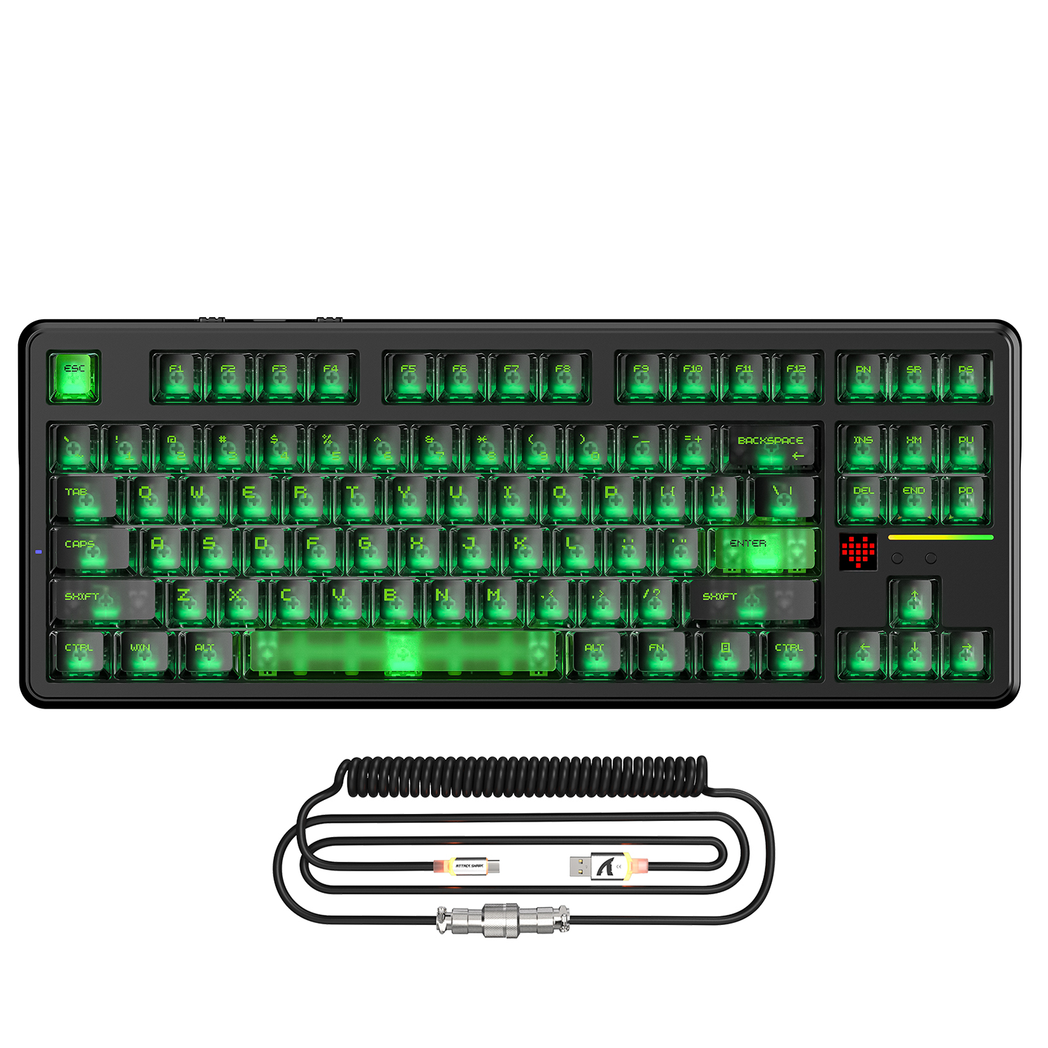 ATTACK SHARK X87 ULTRA keyboard with green RGB, red LED screen, and coiled 8KHz cable.