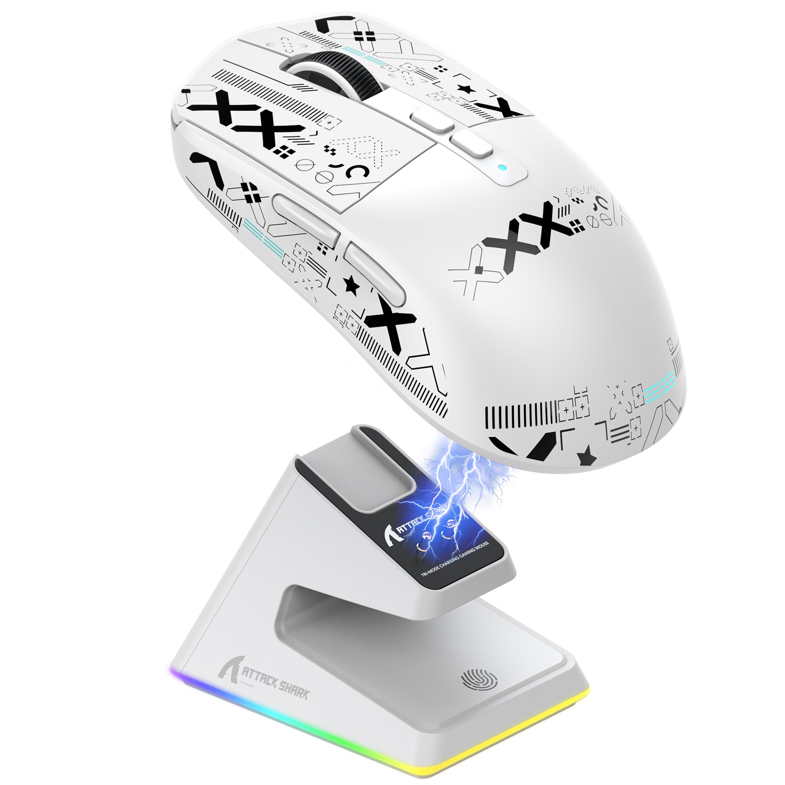 Attack Shark X6 white gaming mouse on charging dock with LED lighting